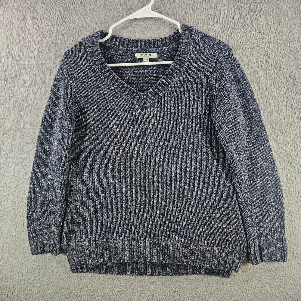 Orvis Classic Collection Womens Navy Blue Marled Chenille V-Neck Sweater Small